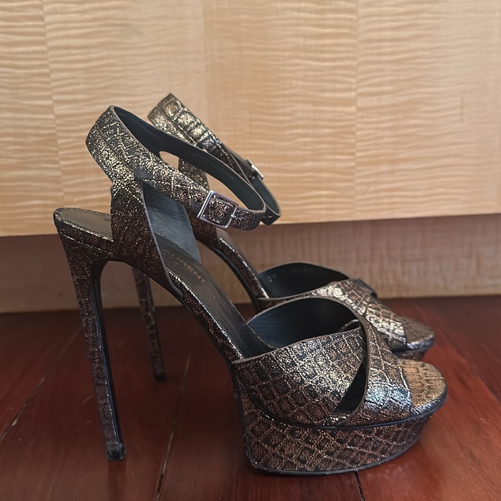 Saint Laurent Paris Metallic Bronze Leather Platform Sandals - Picture 1 of 7
